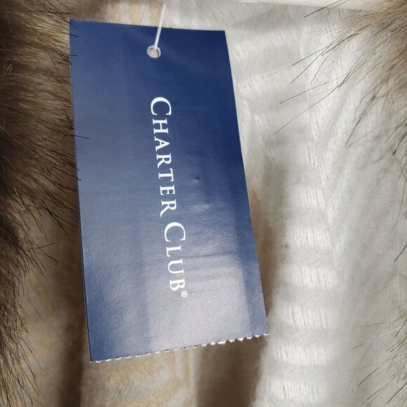 NWT Charter Club Faux Fur Trim Neutral Winter Striped Sweater Poncho Faux Wrap - Picture 4 of 10